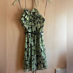 A.B.S. Size 2, olive green silk Halter dress, with leather olive green belt.